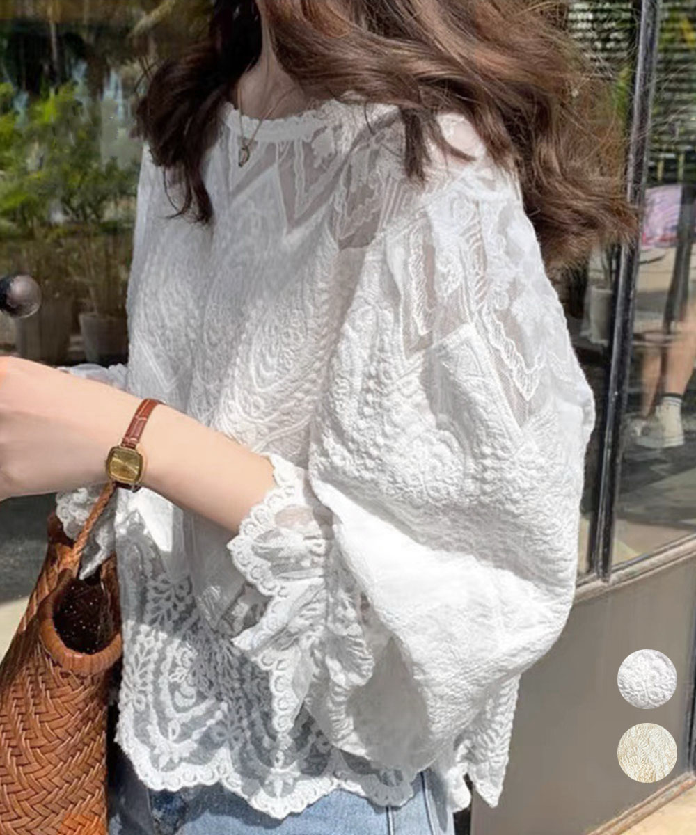 デート服 透け感レース袖ボリュームブラウス春夏