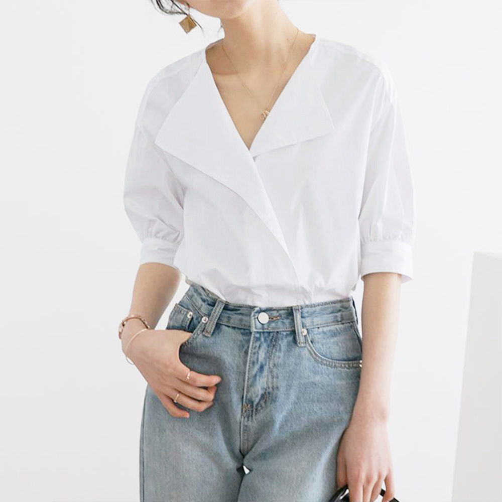 デート服 夏のデート向け Vネックシャツブラウス 上品半袖