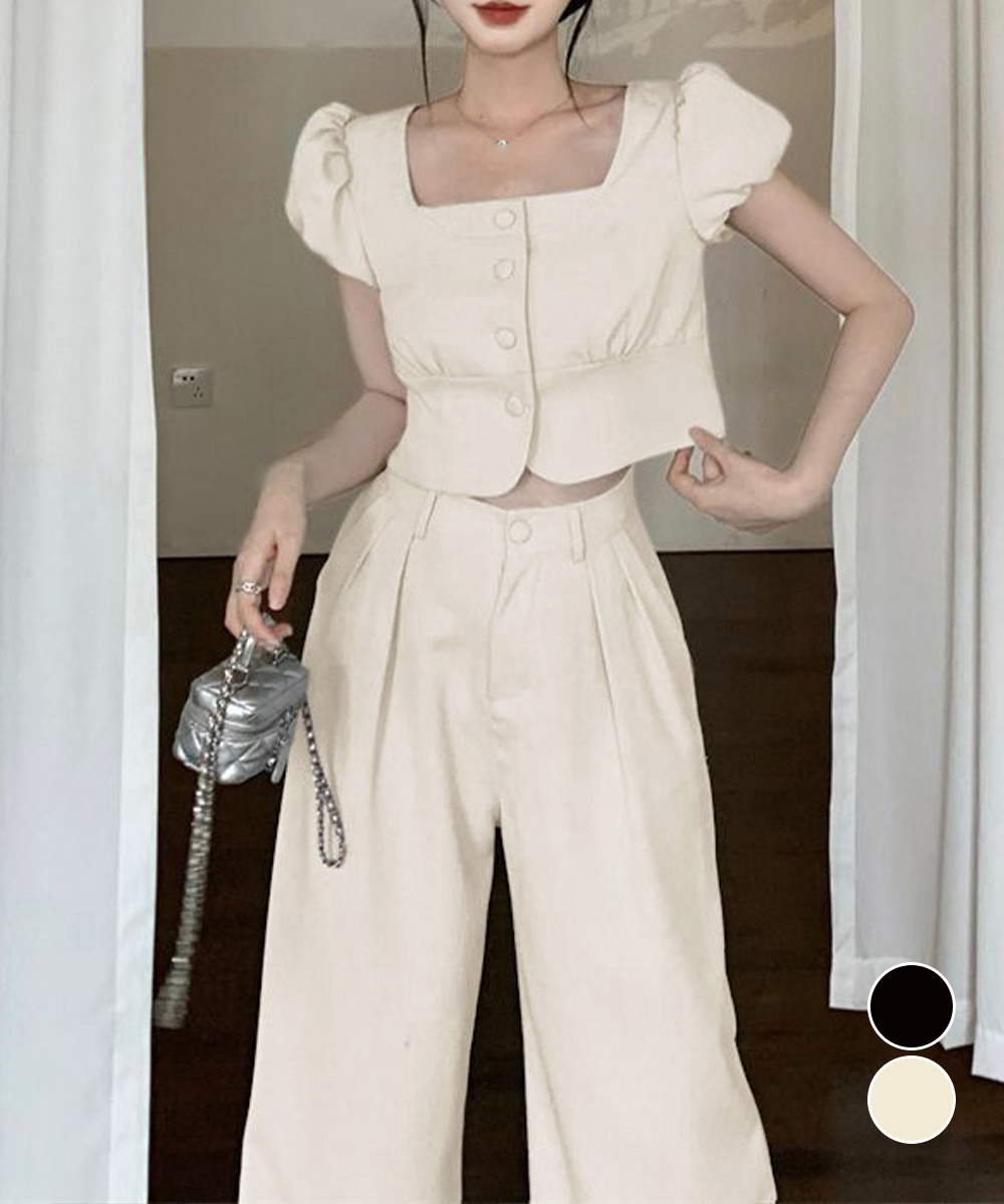 デート服 春夏パフスリーブトップス×ワイドパンツセットアップ