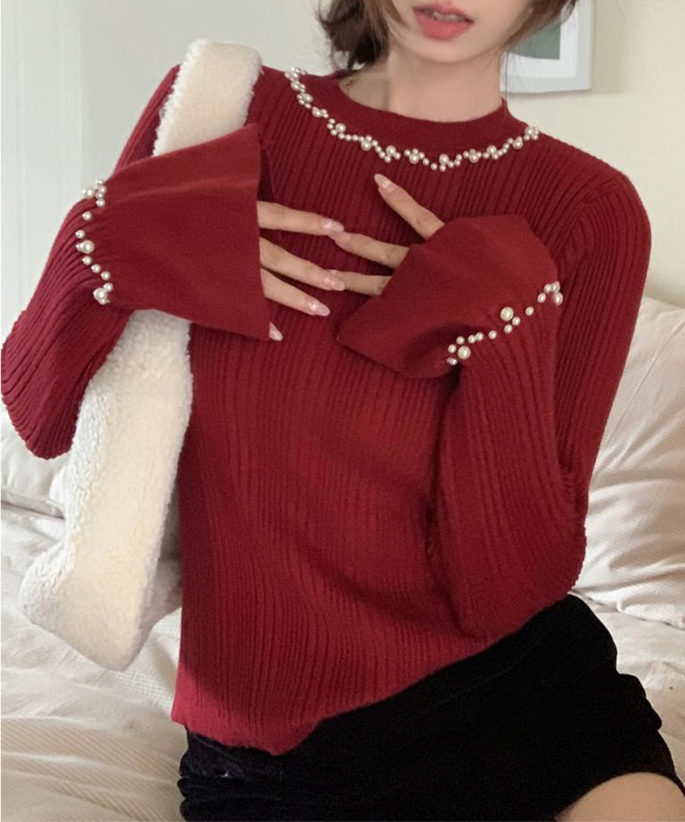 デート服 パール付きニット フレア袖トップス