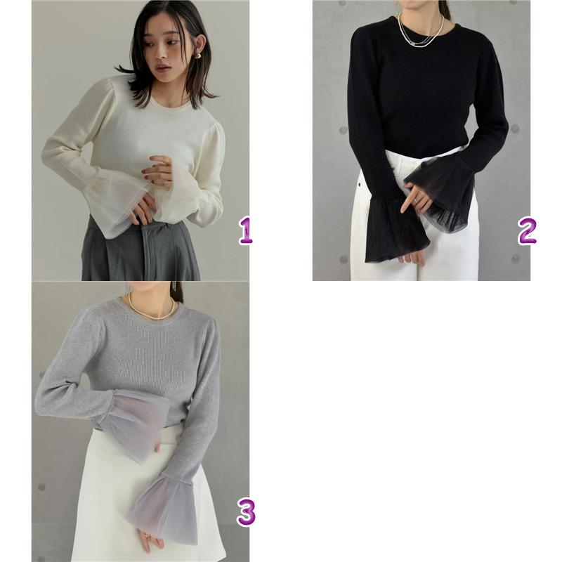 デート服 袖口シフォン切替リブニット長袖トップス3色