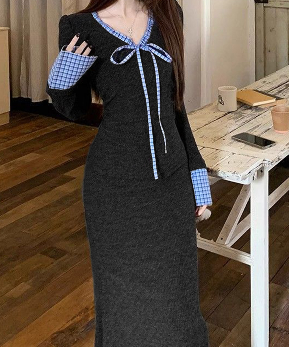 デート服 配色リボンニット長袖マーメイドワンピース