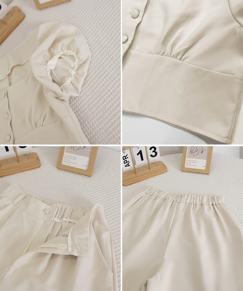 デート服 春夏パフスリーブトップス×ワイドパンツセットアップ