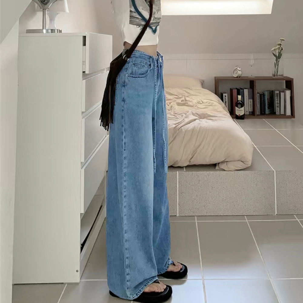デート服 ハイウエスト紐付きデニムワイドパンツ