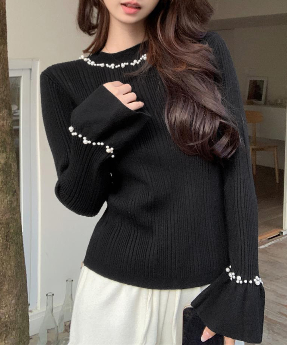 デート服 パール付きニット フレア袖トップス