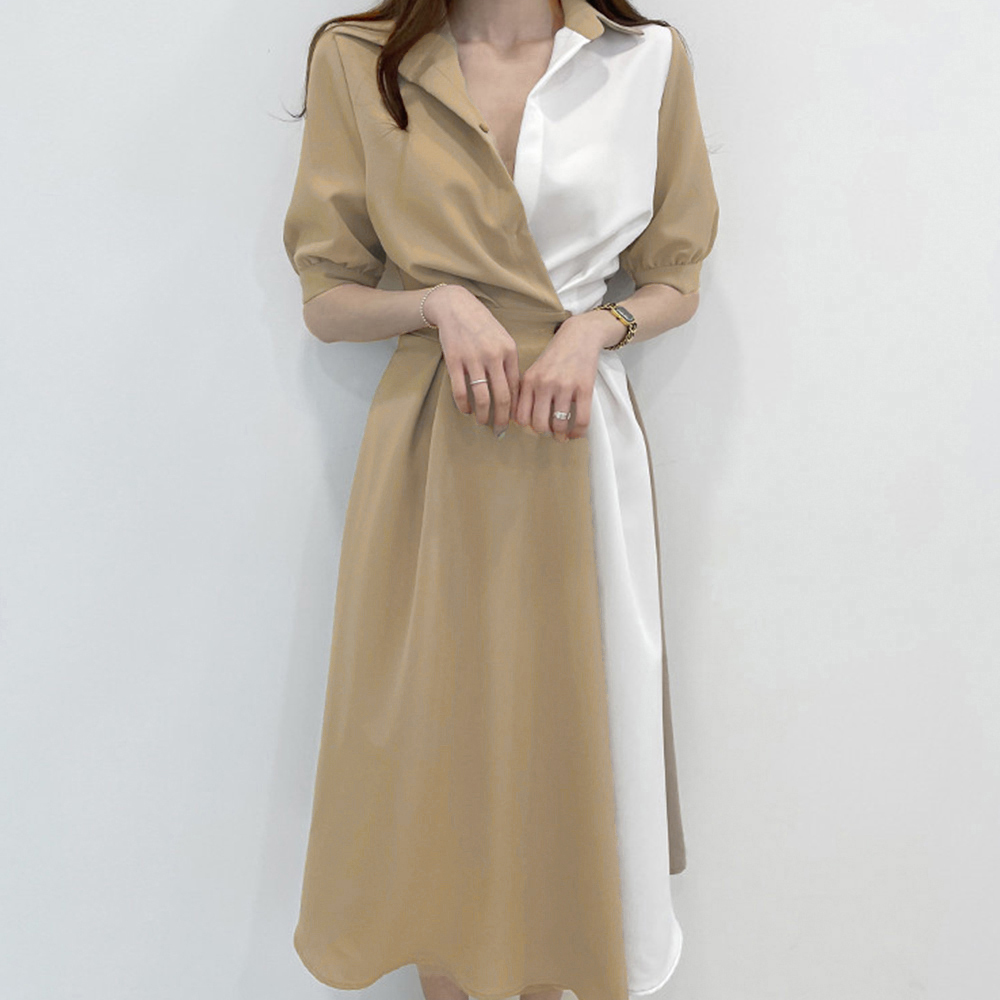 バイカラーシャツワンピース ミモレ丈 デート服