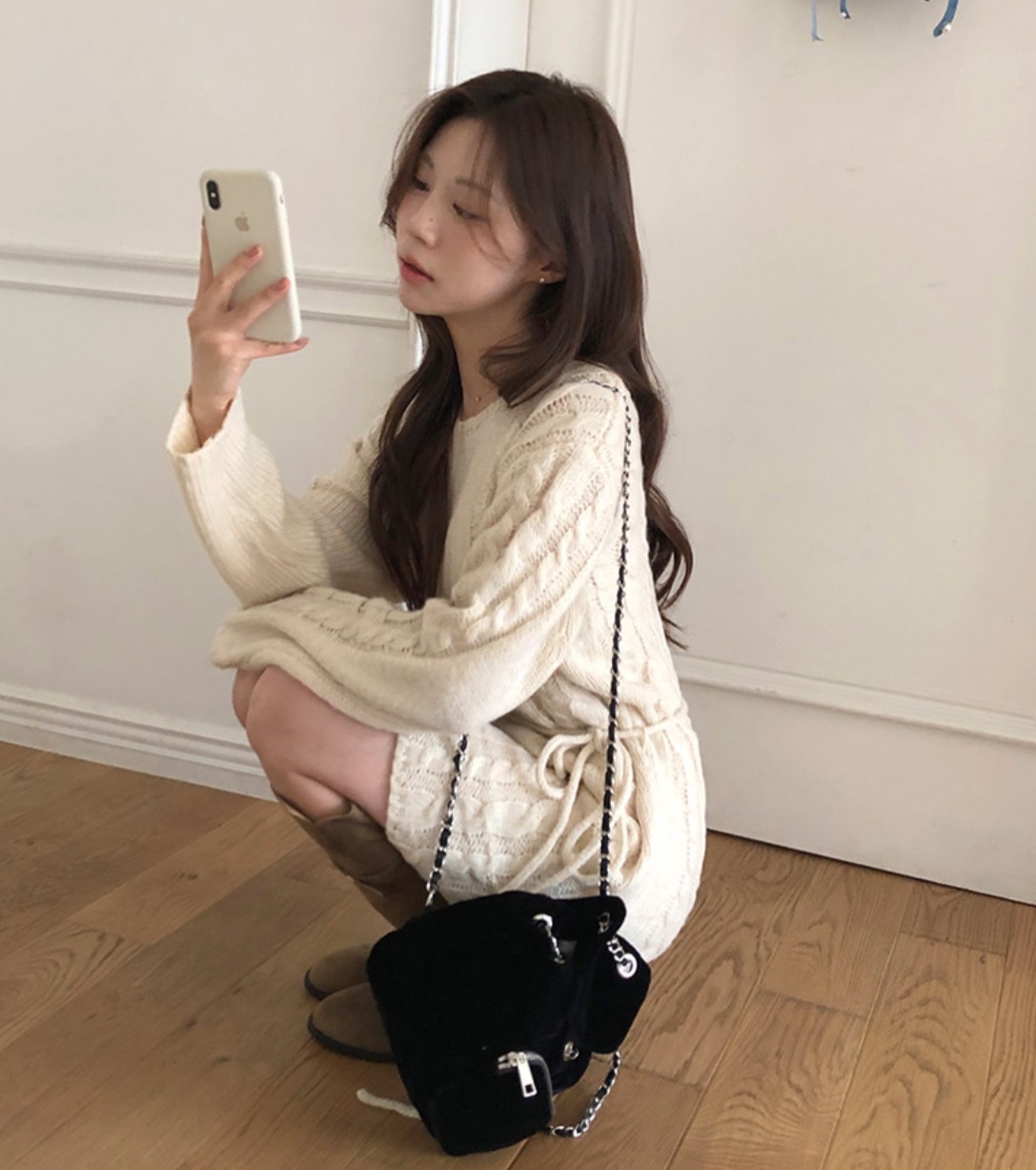 デート服 韓国風ケーブル編みニットワンピース