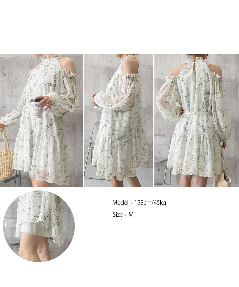 デート服 肩見せ 花柄フリルティアードワンピース