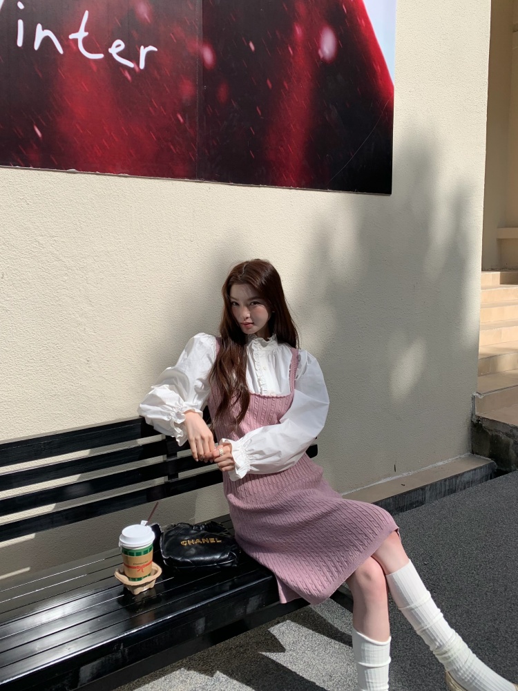 デート服 春新作 上品シャツ＆ニットキャミワンピースセット