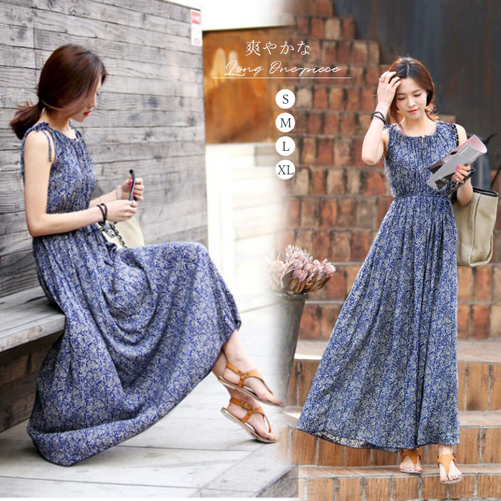デート服 花柄ノースリーブ マキシワンピース 大人可愛い 夏服