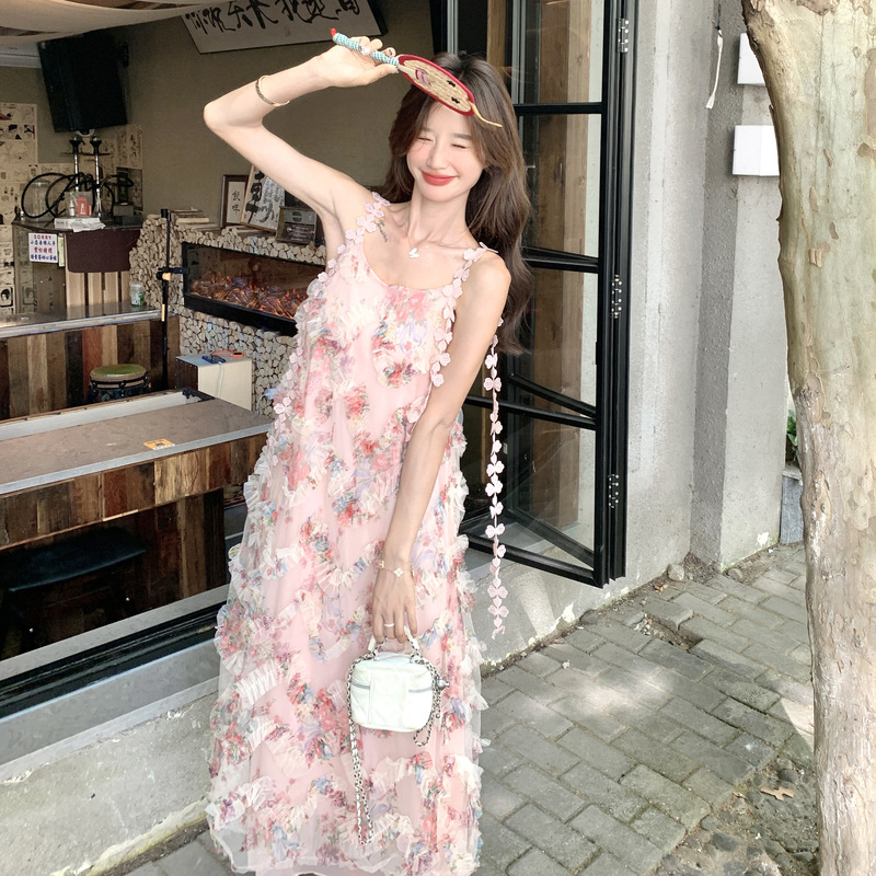 デート服 花柄立体フラワー吊りスカートワンピース