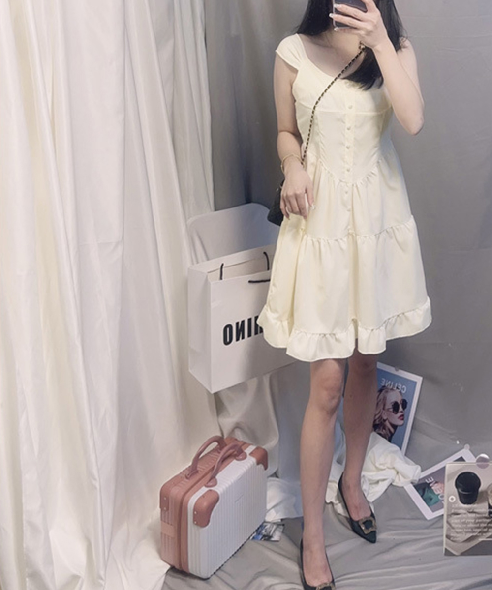デート服 フロントボタン ティアード ミニワンピース