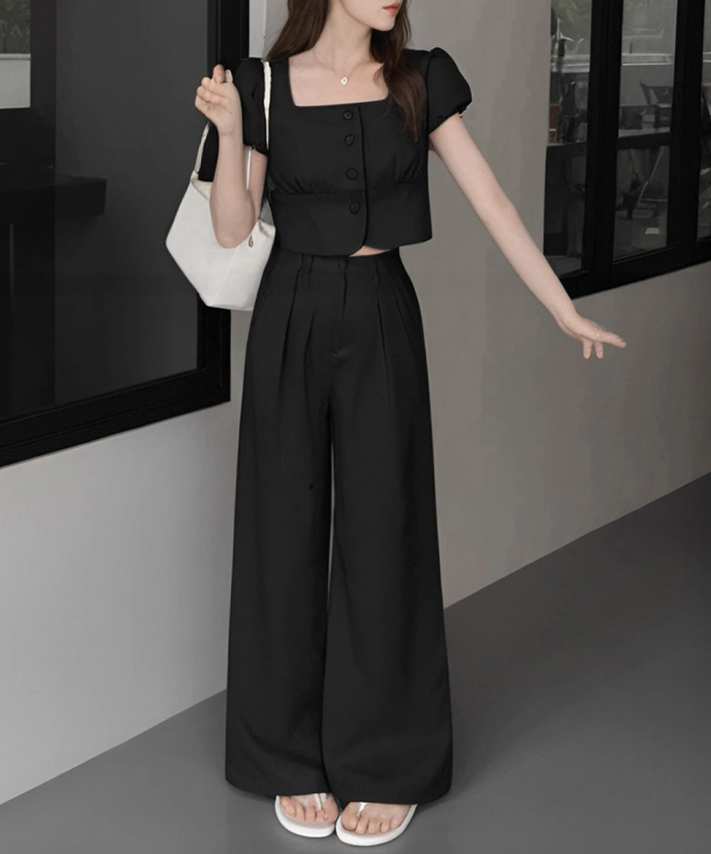 デート服 春夏パフスリーブトップス×ワイドパンツセットアップ