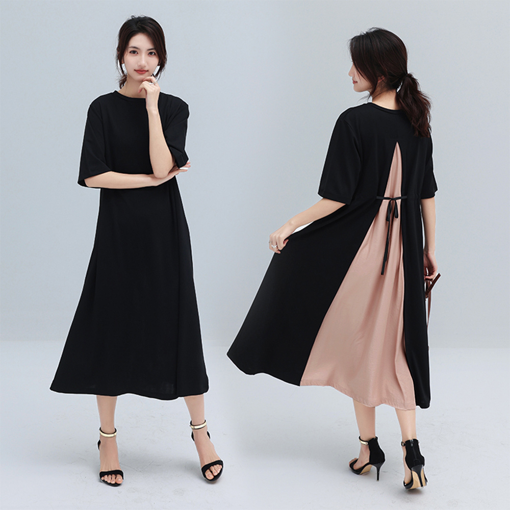 デート服 バック切り替え 上品ミモレ丈ワンピース