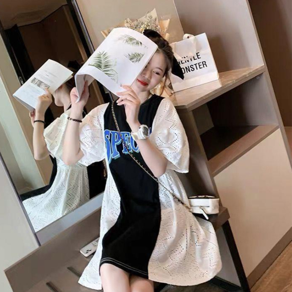 デート服 ぽわん袖レース切替ミニワンピース