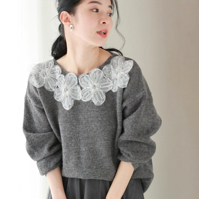デート服 花柄刺繍襟付きニットセーター韓国風