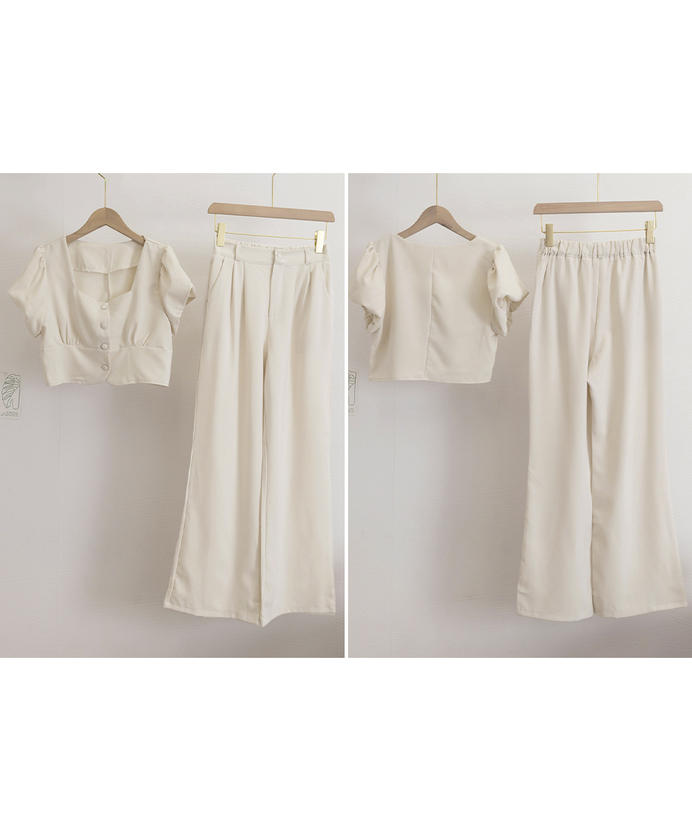 デート服 春夏パフスリーブトップス×ワイドパンツセットアップ