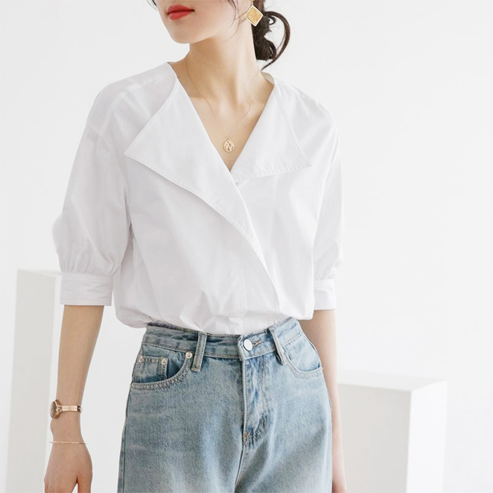 デート服 夏のデート向け Vネックシャツブラウス 上品半袖