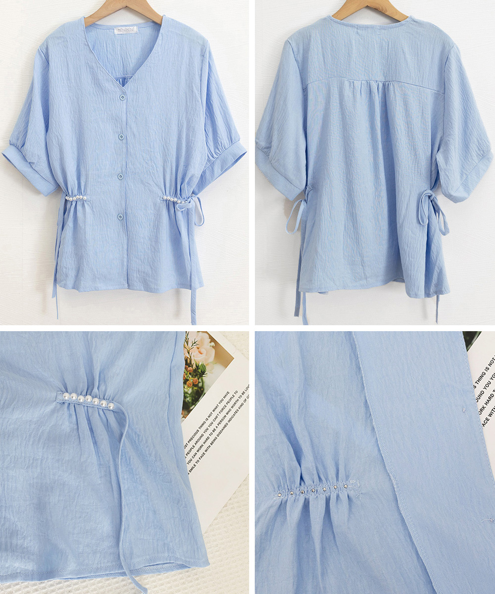 デート服 夏のデート向け パール付きウエスト絞りブラウス