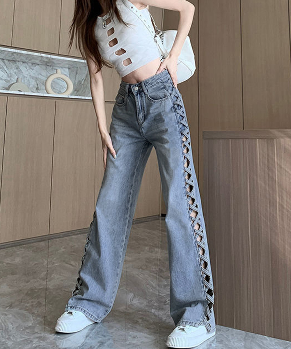 デート服 サイド編み上げデニムパンツ 美脚ズボン