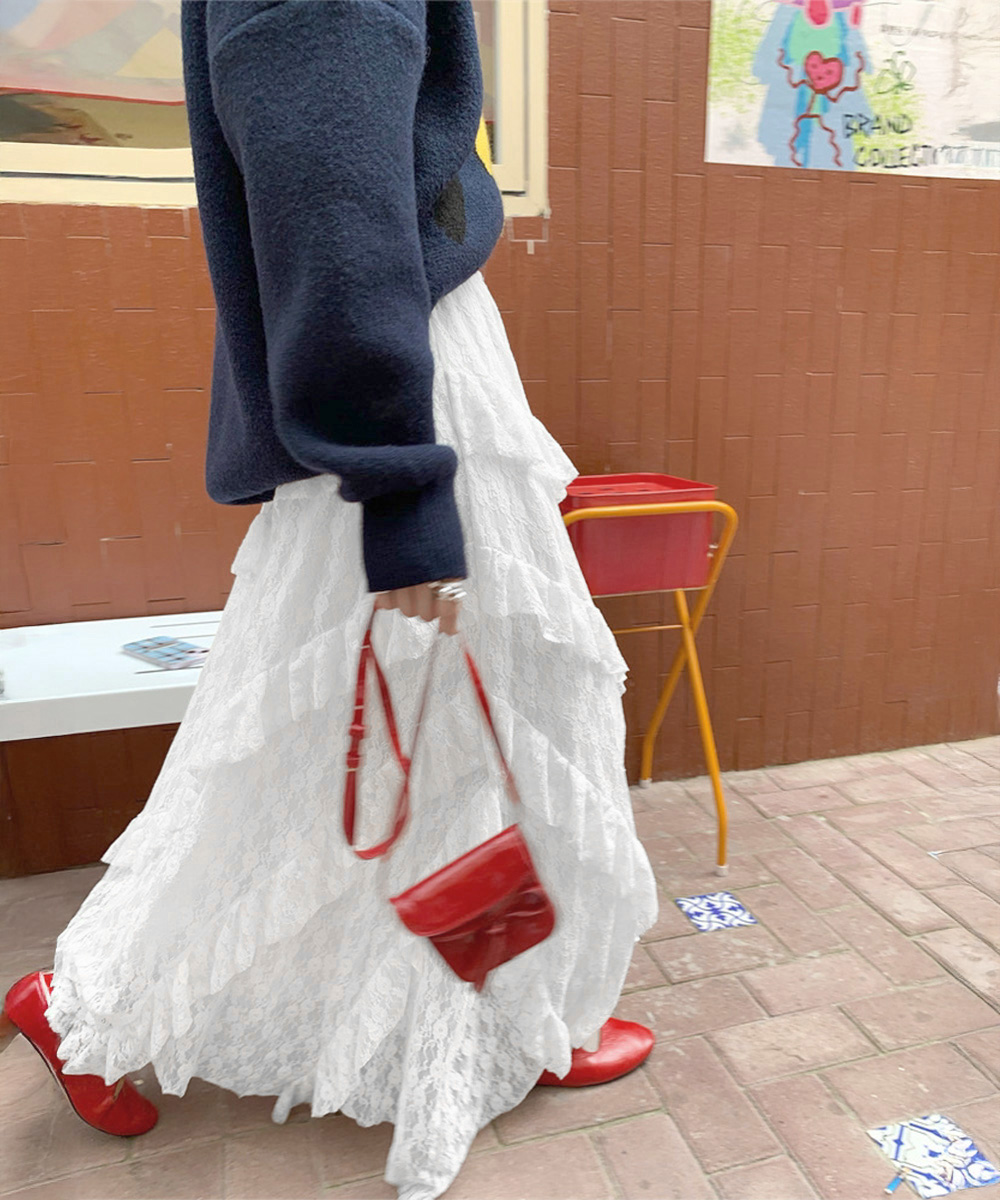 デート服 優美なレースティアードロングスカート