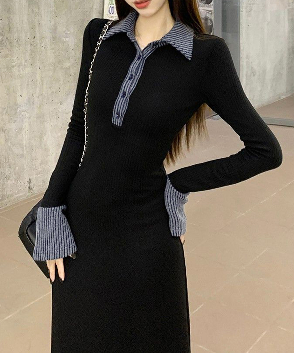 デート服 配色襟付きリブニットロングワンピース