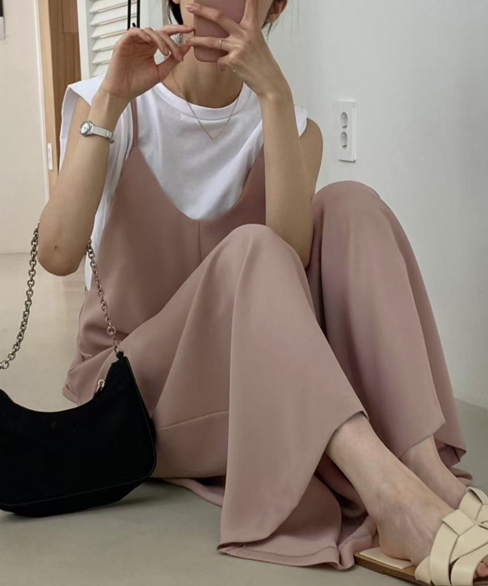 デート服 大人のVネックキャミサロペット ワイドズボン