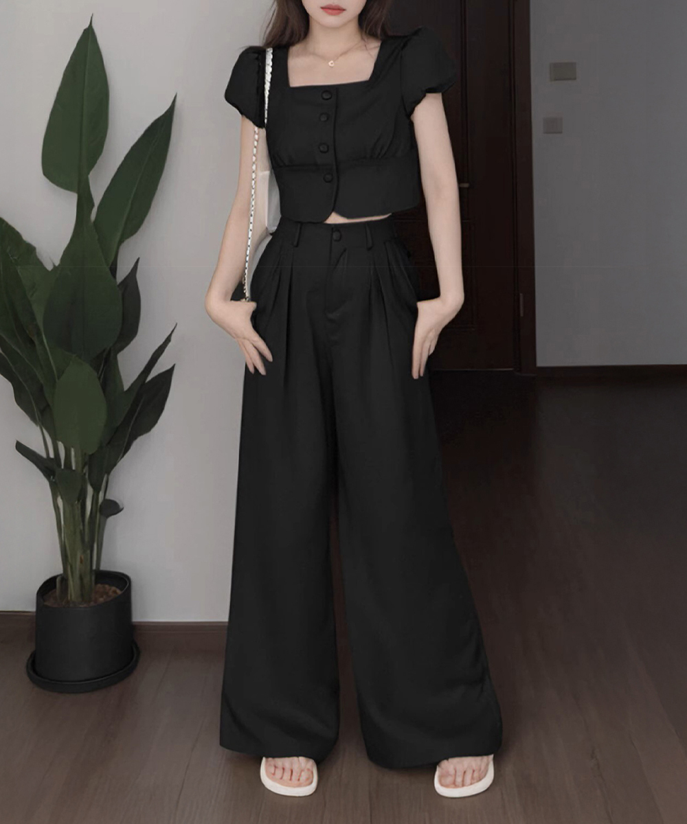 デート服 春夏パフスリーブトップス×ワイドパンツセットアップ