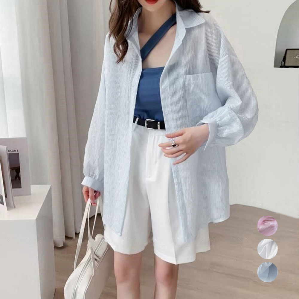 デート服 夏のデート用 透け感ストライプシアーシャツ
