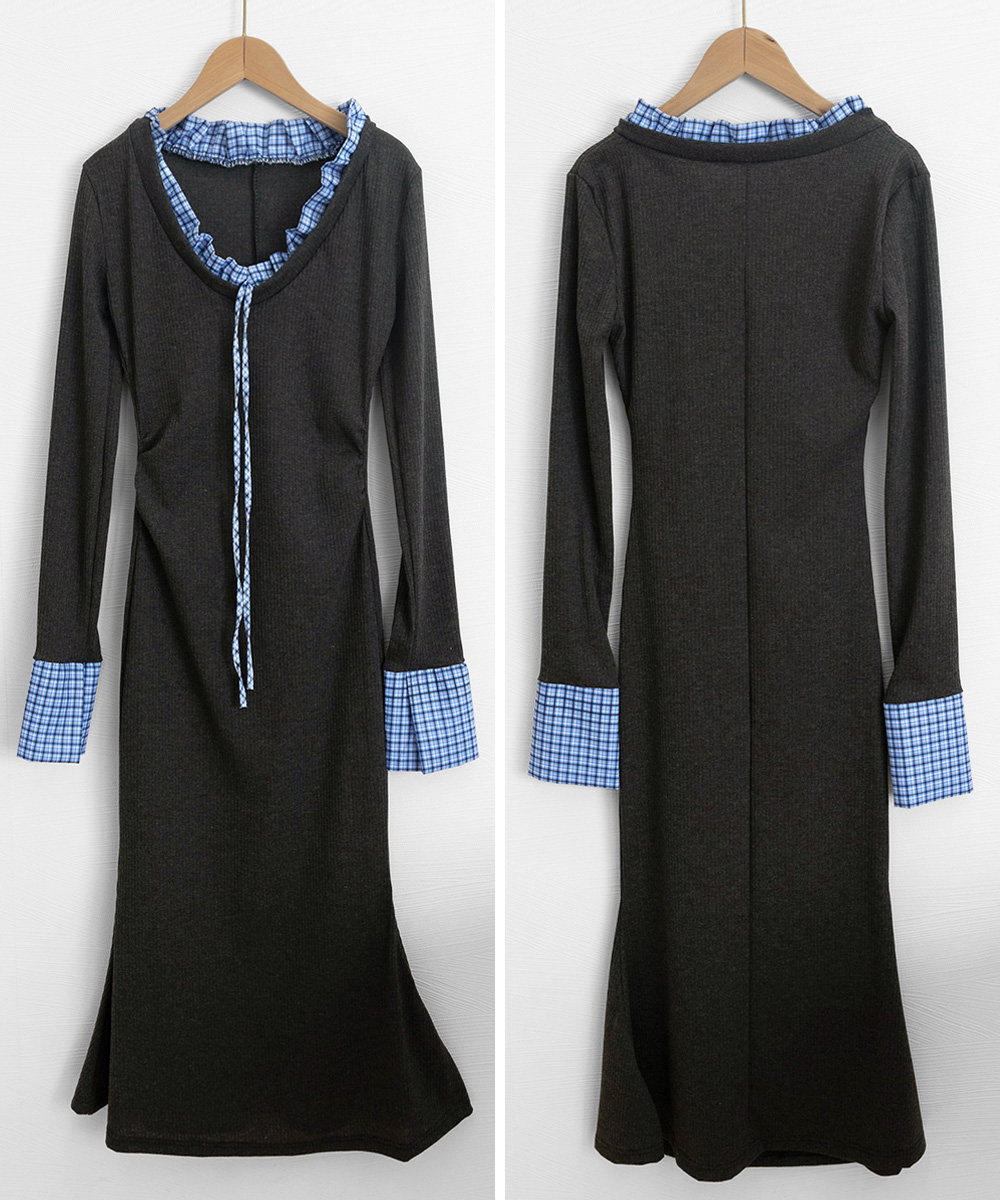 デート服 配色リボンニット長袖マーメイドワンピース