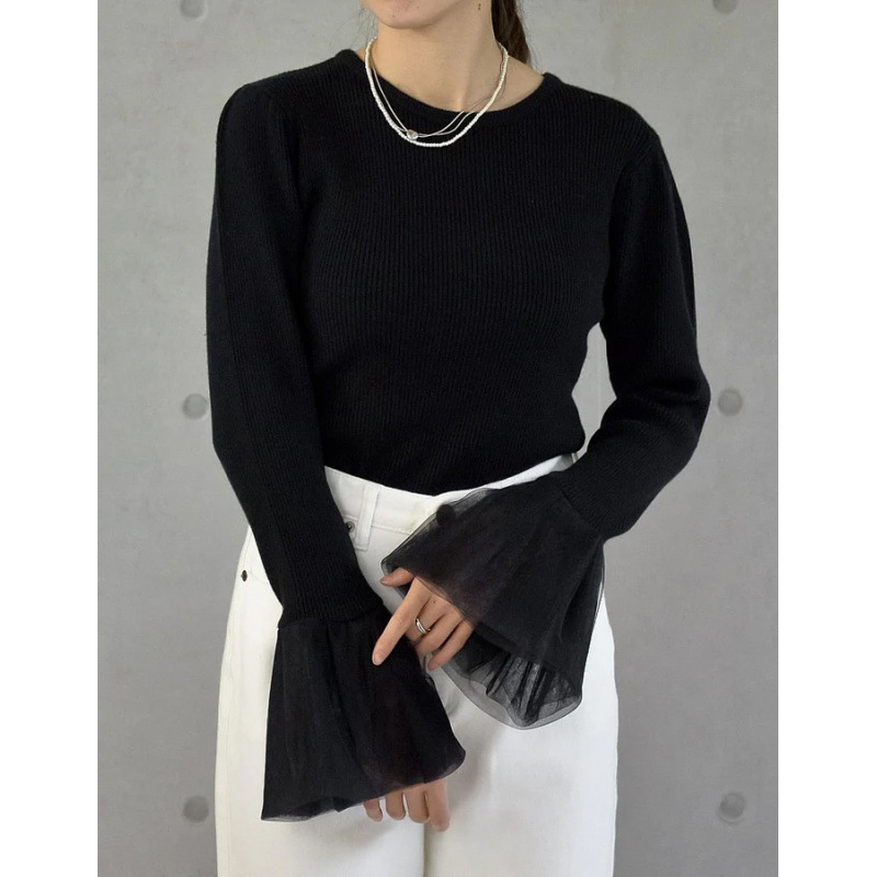 デート服 袖口シフォン切替リブニット長袖トップス3色