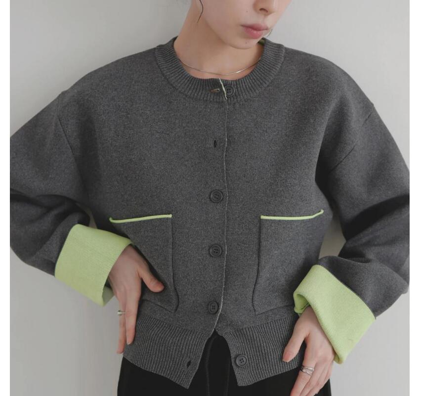 デート服 韓国風カラーパイピングニットカーディガン