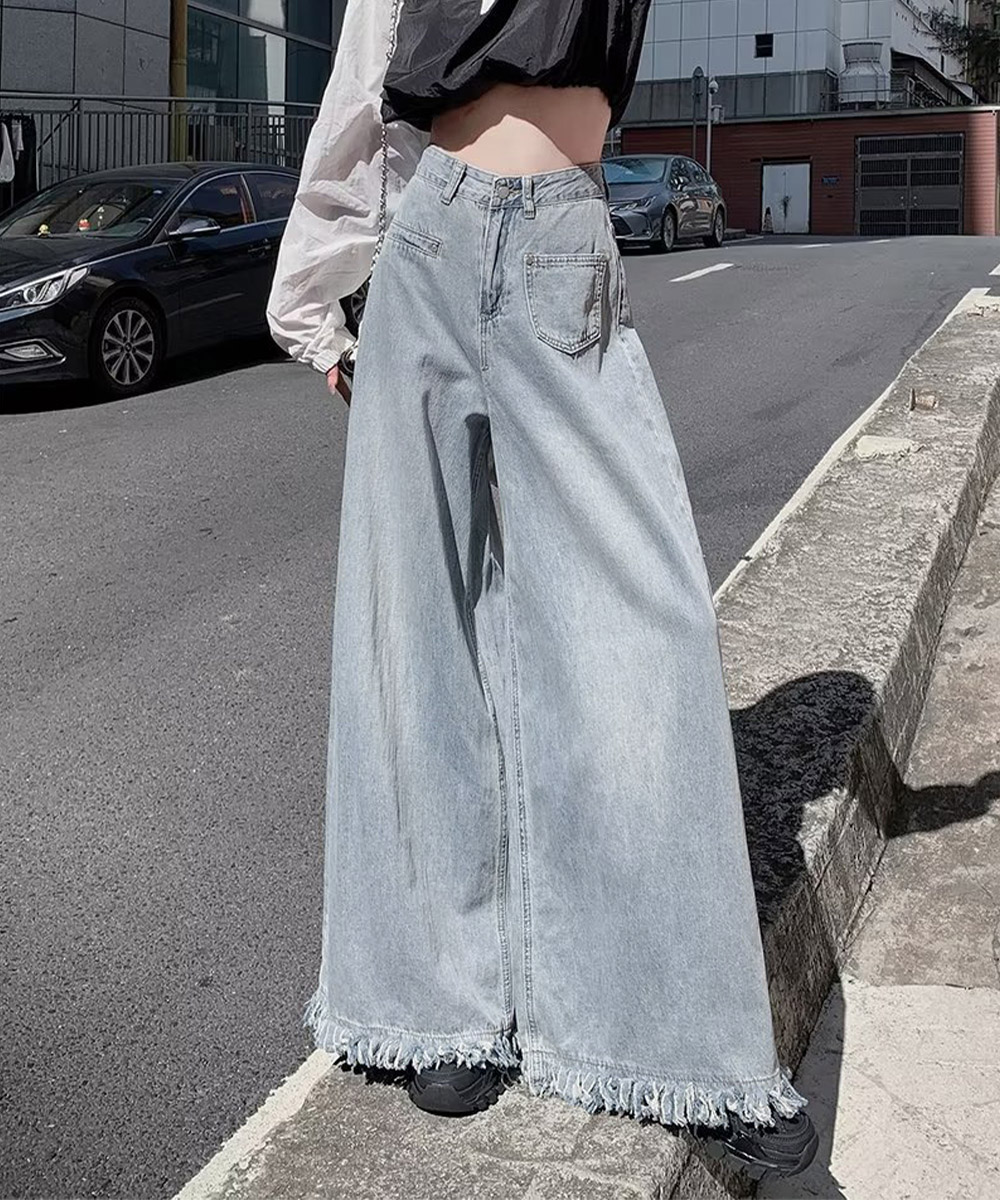 デート服 フリンジ裾 ワイドデニムパンツ 美脚ズボン