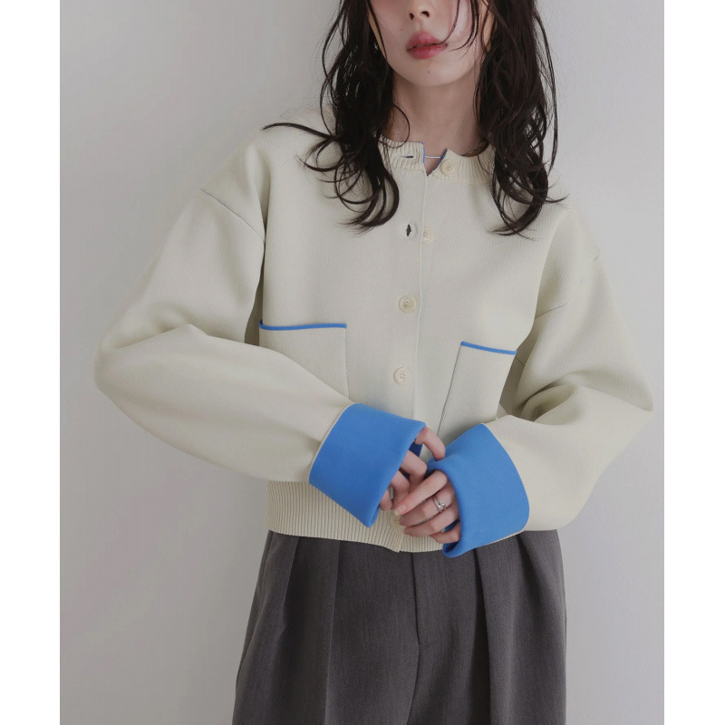 デート服 韓国風カラーパイピングニットカーディガン