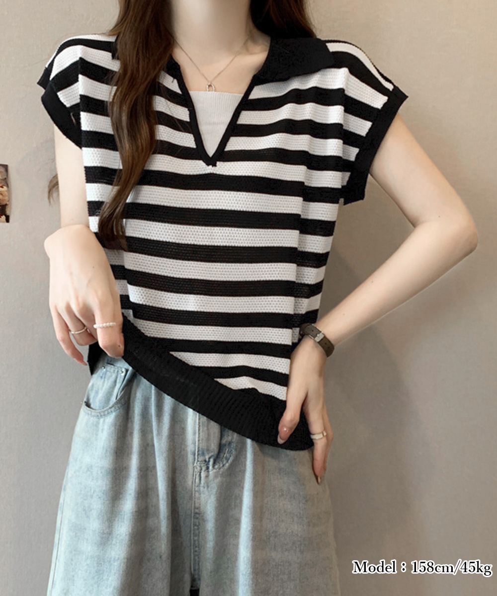 デート服 夏のデート映えボーダーニット Vネック半袖