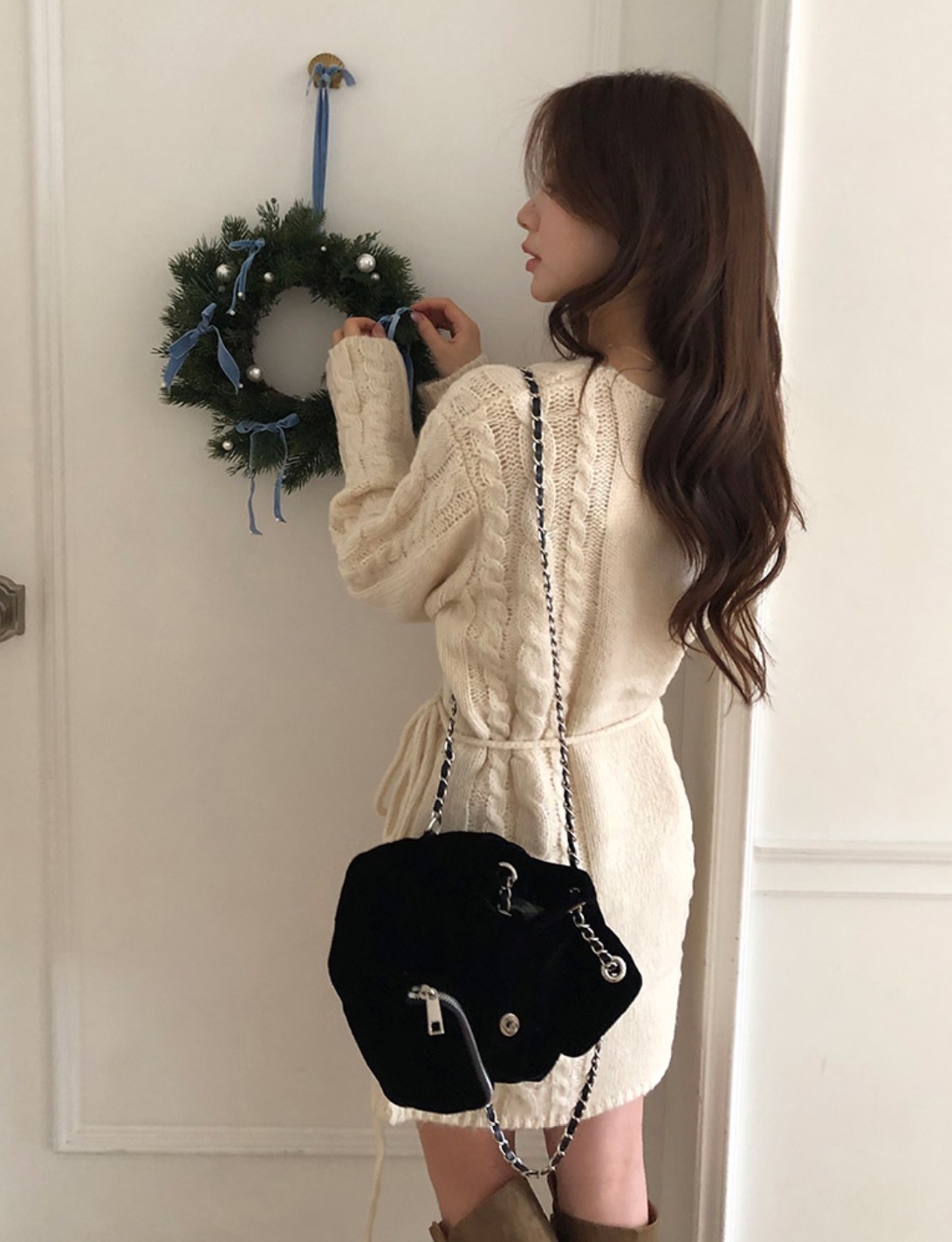 デート服 韓国風ケーブル編みニットワンピース