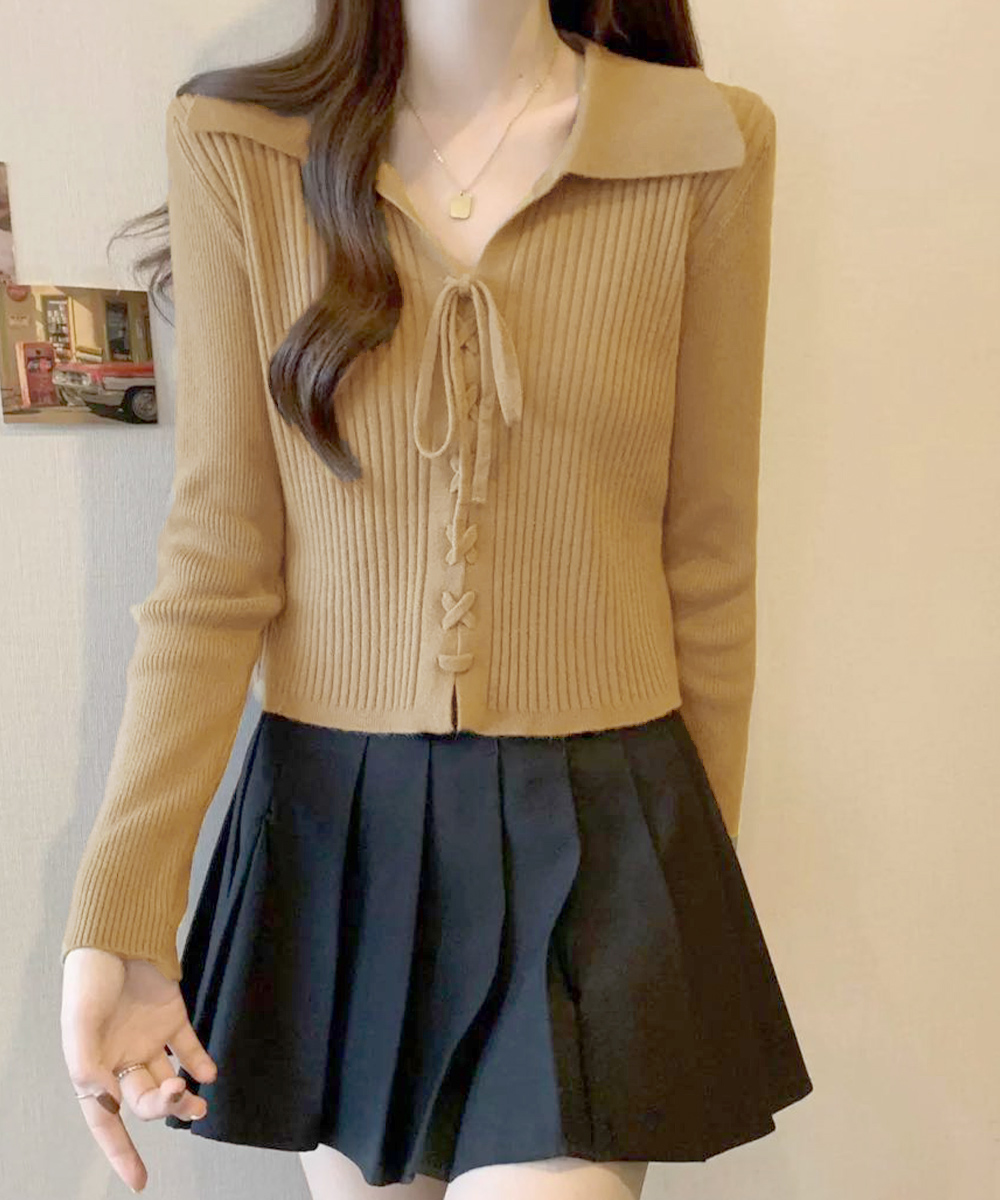 デート服 編み上げリブニットトップス 襟付き長袖