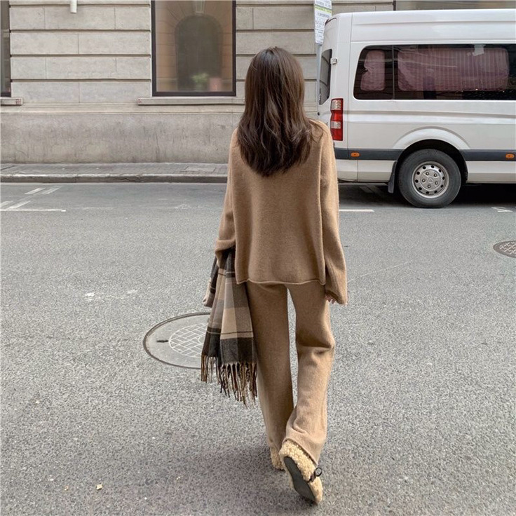 デート服 韓国風ニットセーター ワイドパンツ セットアップ 体型カバー 長袖 厚手