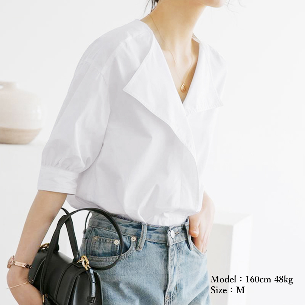 デート服 夏のデート向け Vネックシャツブラウス 上品半袖