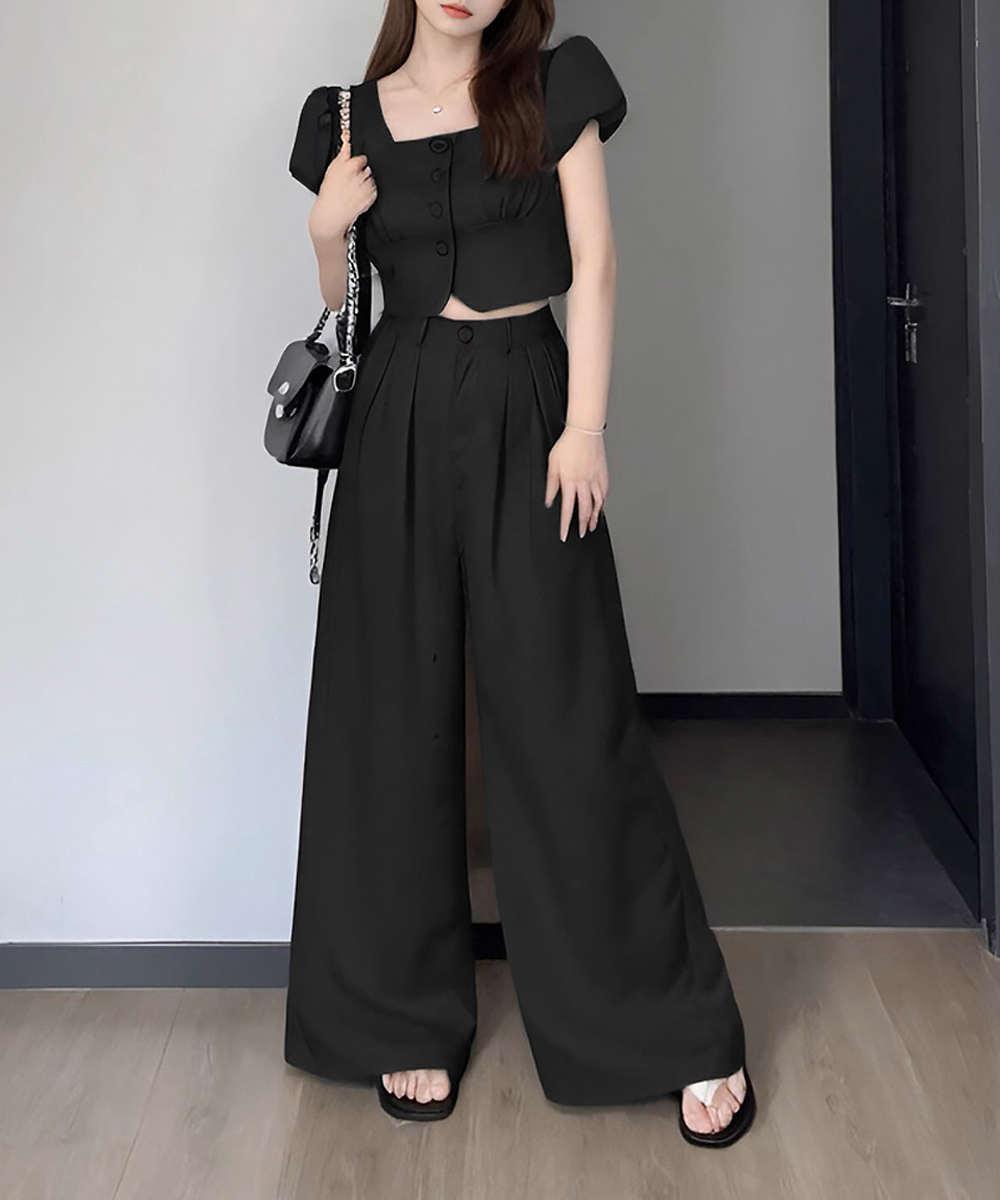 デート服 春夏パフスリーブトップス×ワイドパンツセットアップ