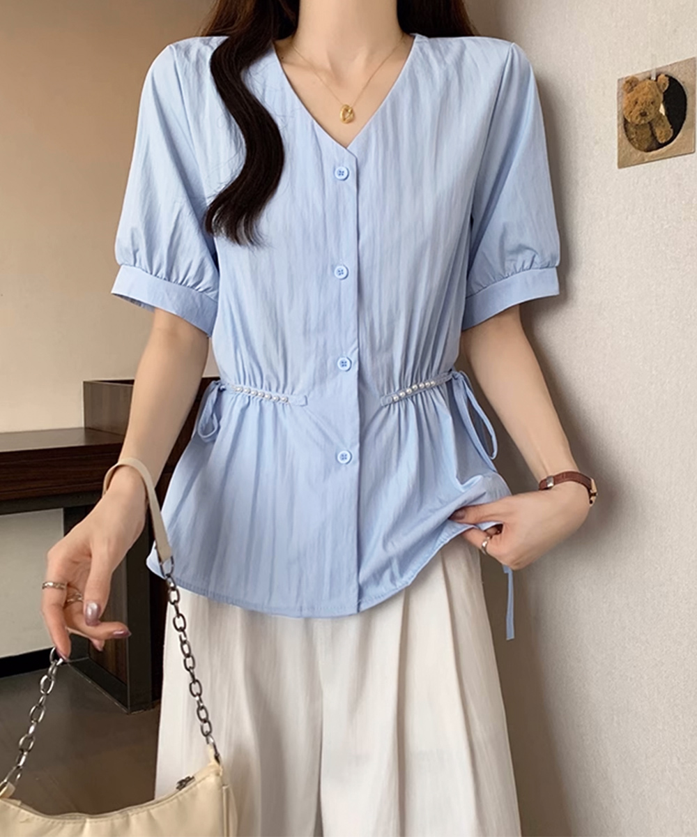 デート服 夏のデート向け パール付きウエスト絞りブラウス