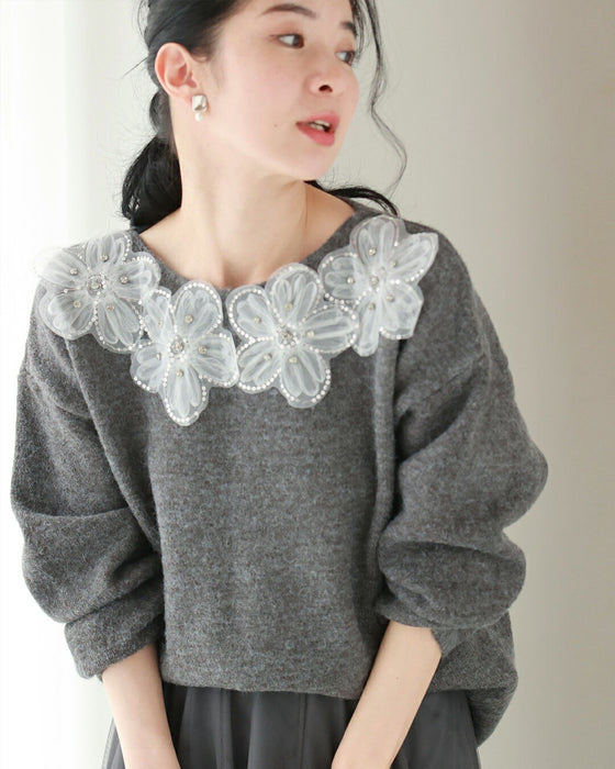 デート服 花柄刺繍襟付きニットセーター韓国風