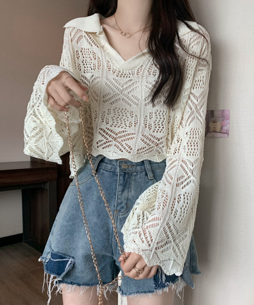 デート服 夏のデート用 透かし編みポロニット ベルスリーブ
