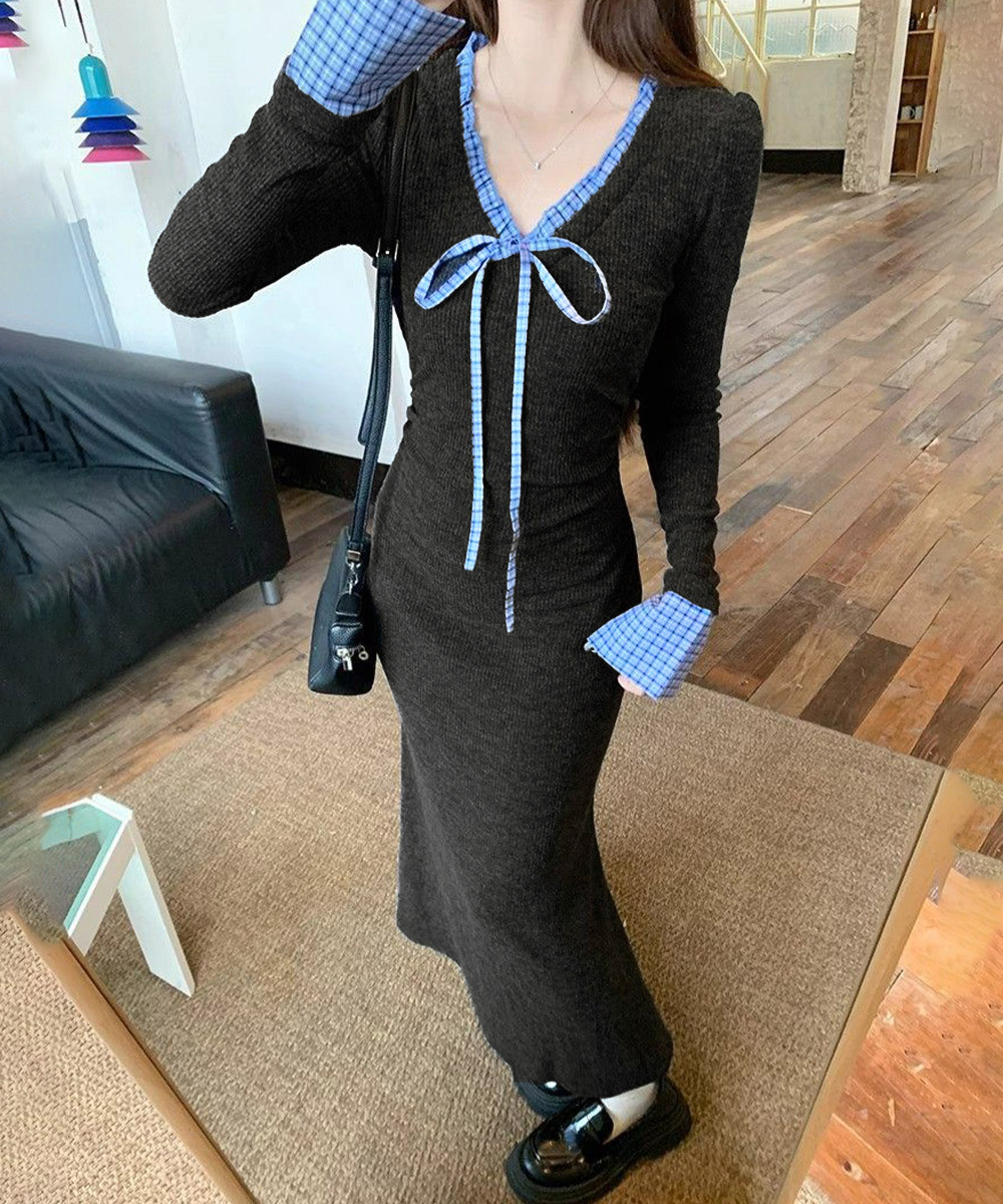 デート服 配色リボンニット長袖マーメイドワンピース