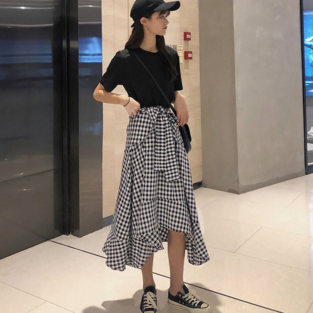 モノトーンチェック切替ワンピース 春夏デート服