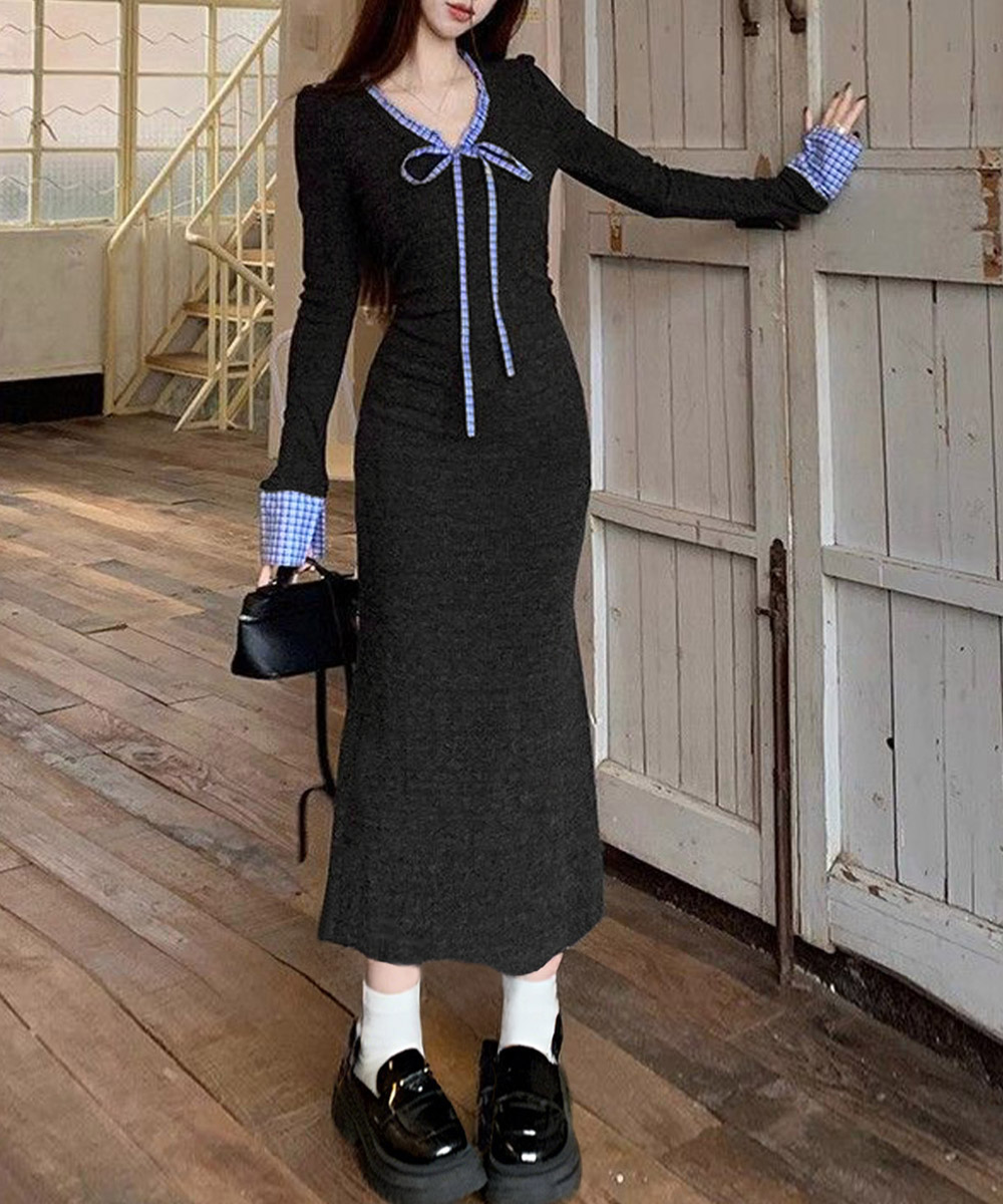 デート服 配色リボンニット長袖マーメイドワンピース