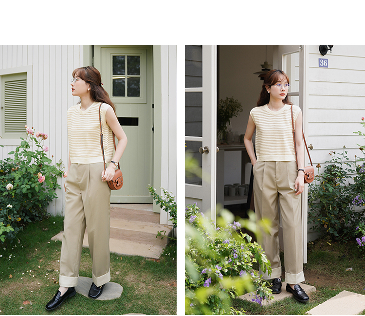 配色ロールヘム・タックパンツ｜デート服