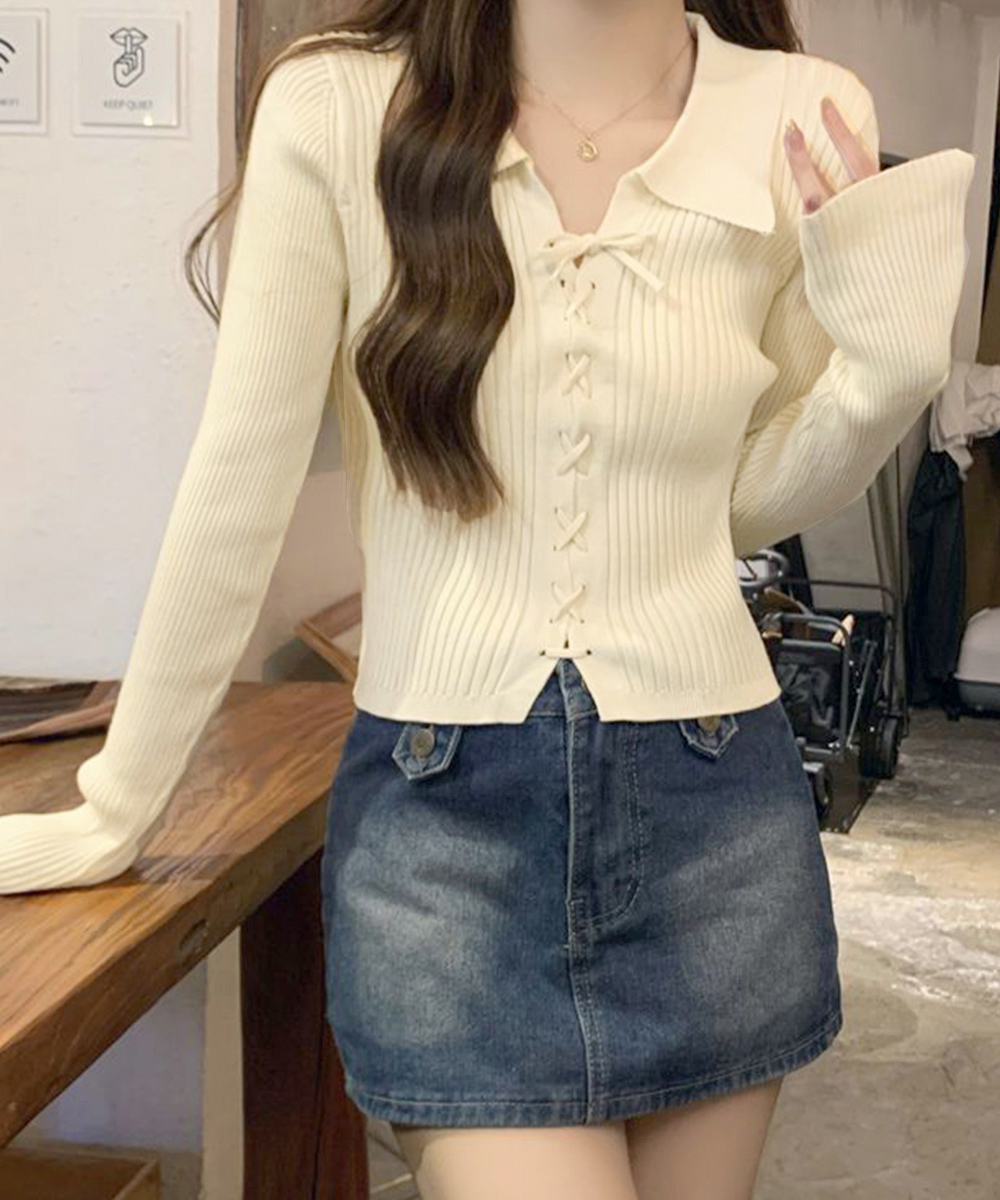 デート服 編み上げリブニットトップス 襟付き長袖