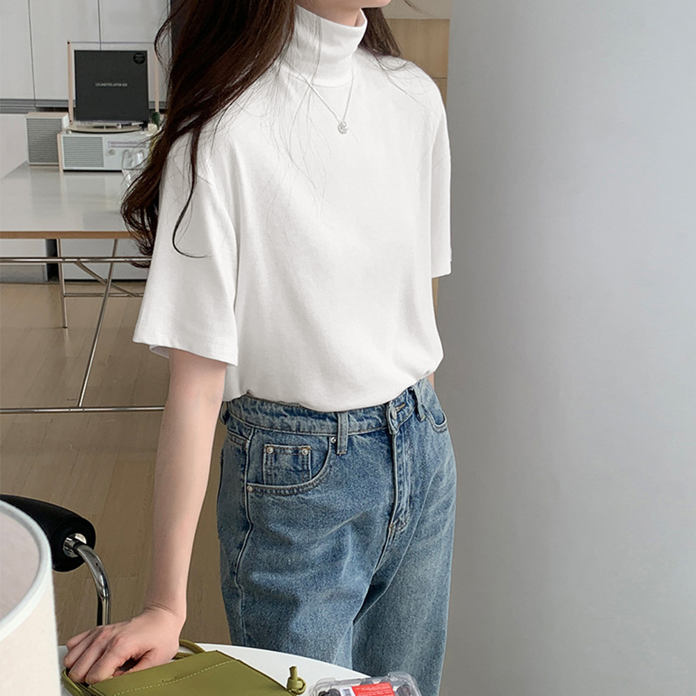 デート服 夏のデート映え ハイネック半袖カットソー