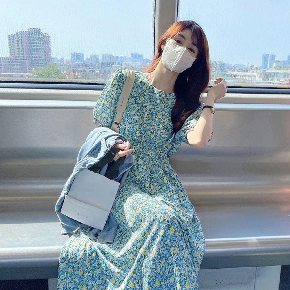 デート服 爽やか小花柄 パフスリーブワンピース 春夏